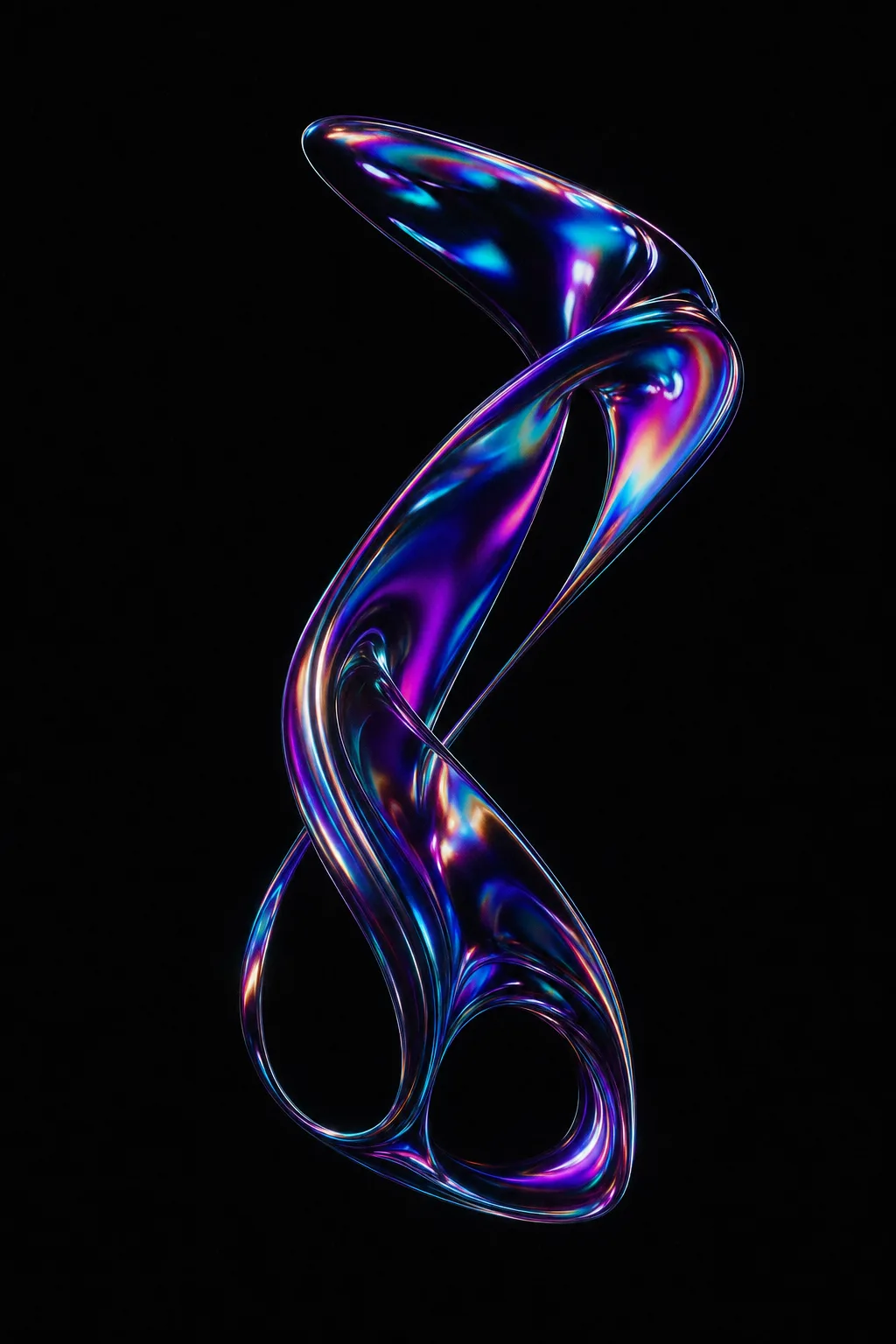 Abstract iridescent chrome ribbon twisting through black space