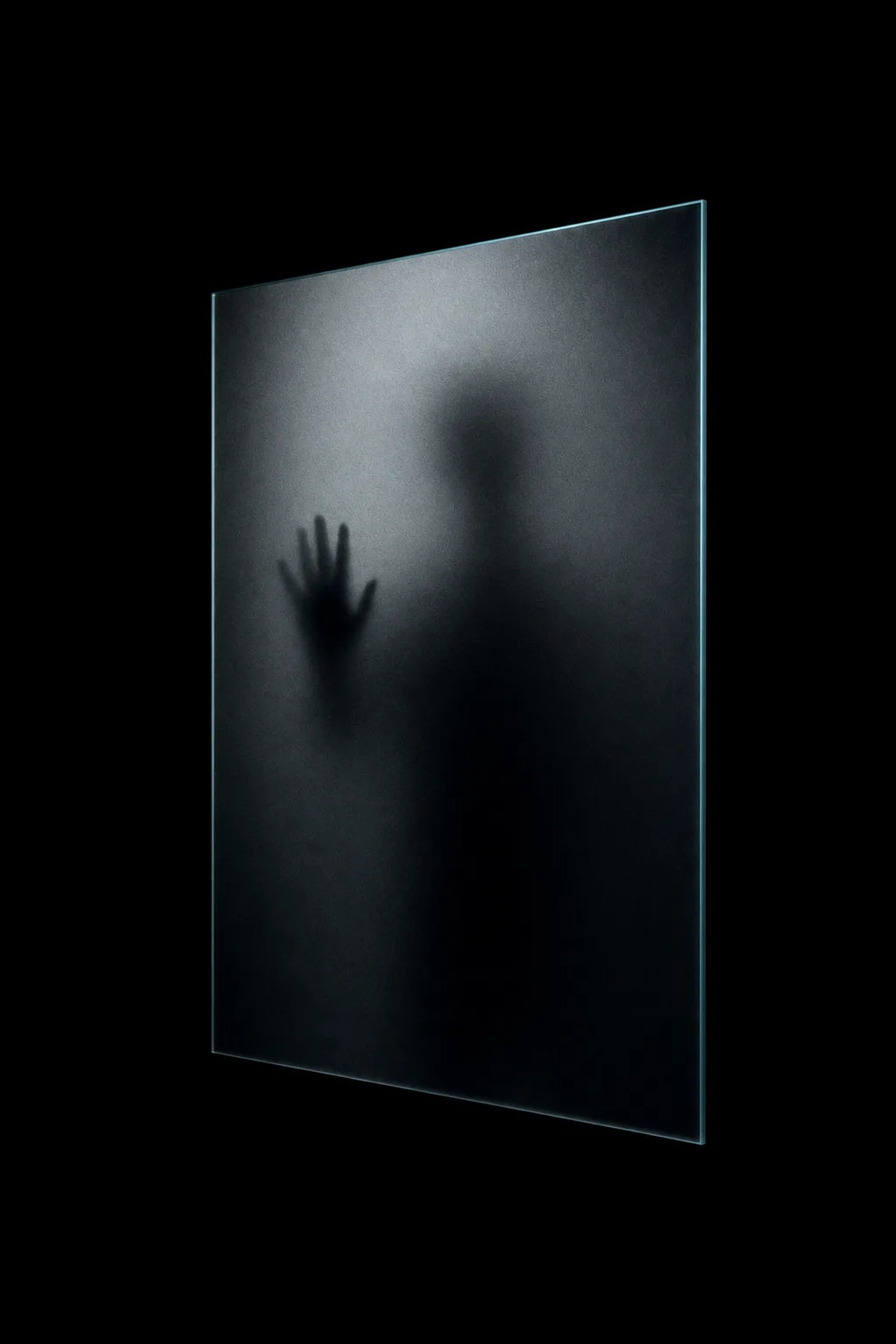 Frosted glass panel with a blurred silhouette behind it in darkness