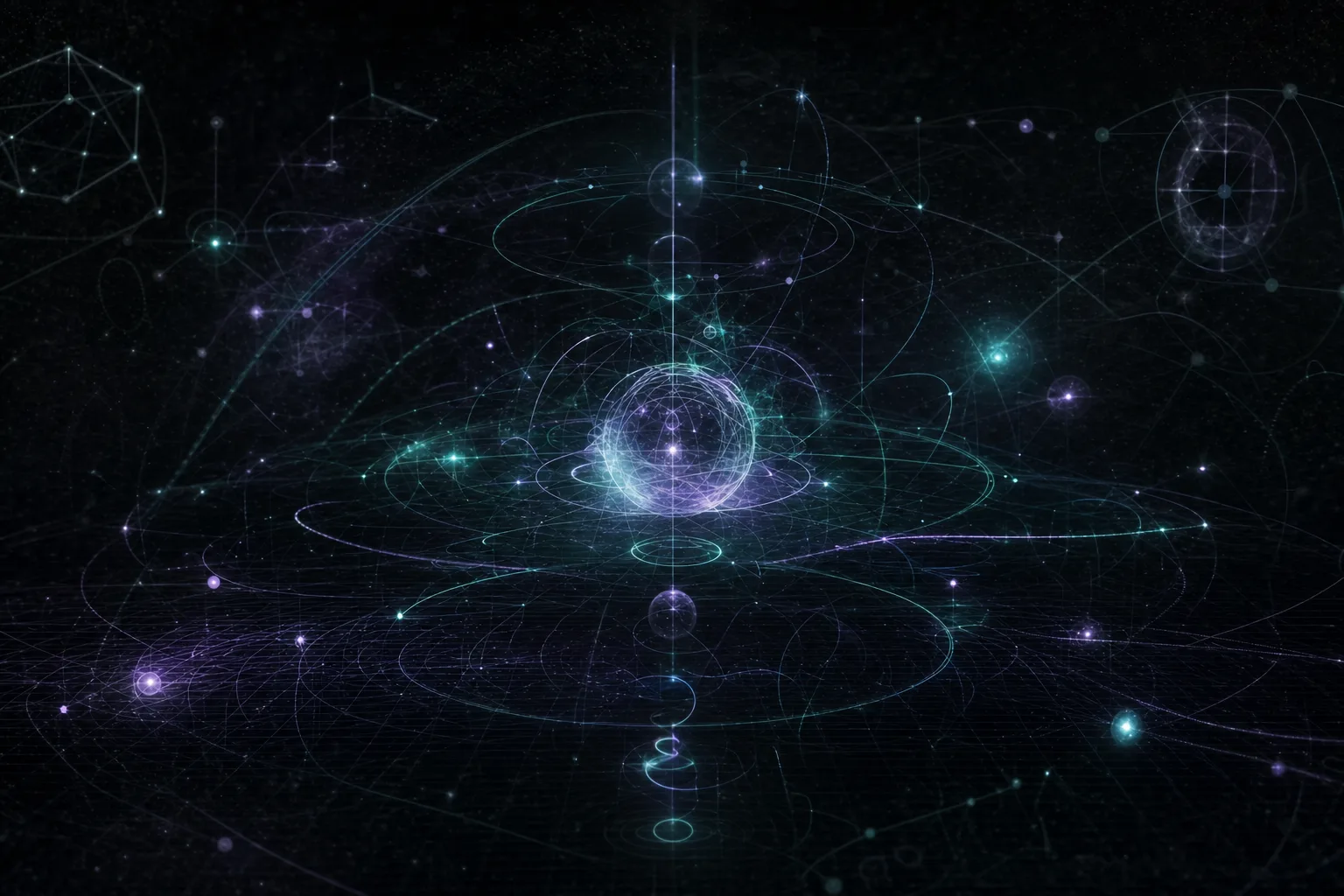 Dark holographic wireframe visualization of orbital physics geometry