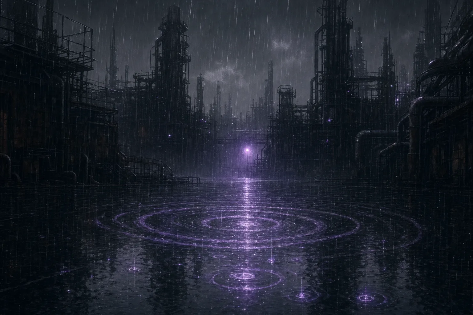 Rain falling over a dark industrial city with violet ripples spreading on flooded streets
